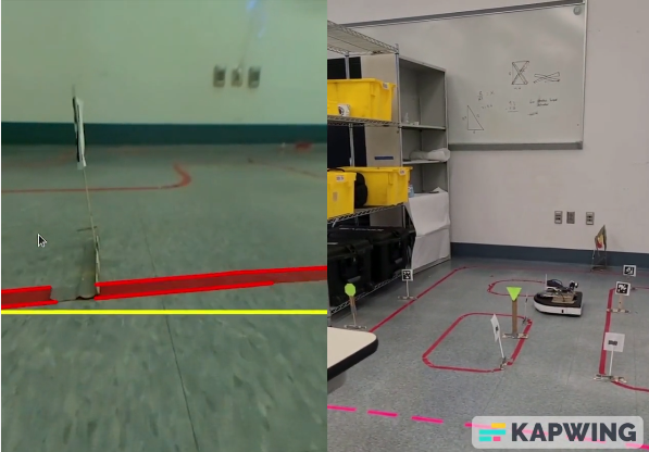 A split screen showing the Neato's view on one side and the Neato on the course on the other